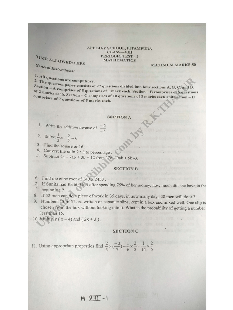 Class 8 Math Question Paper Periodic Test 2 Apeejay | PDF