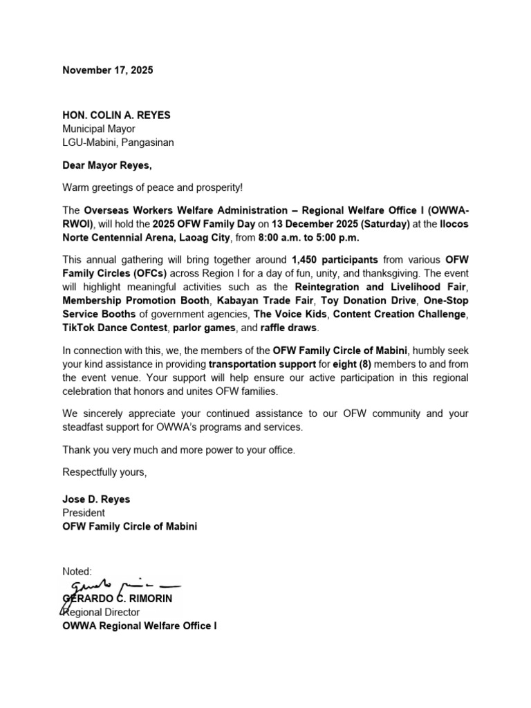 Mabini Ofc Invitation Letter | PDF