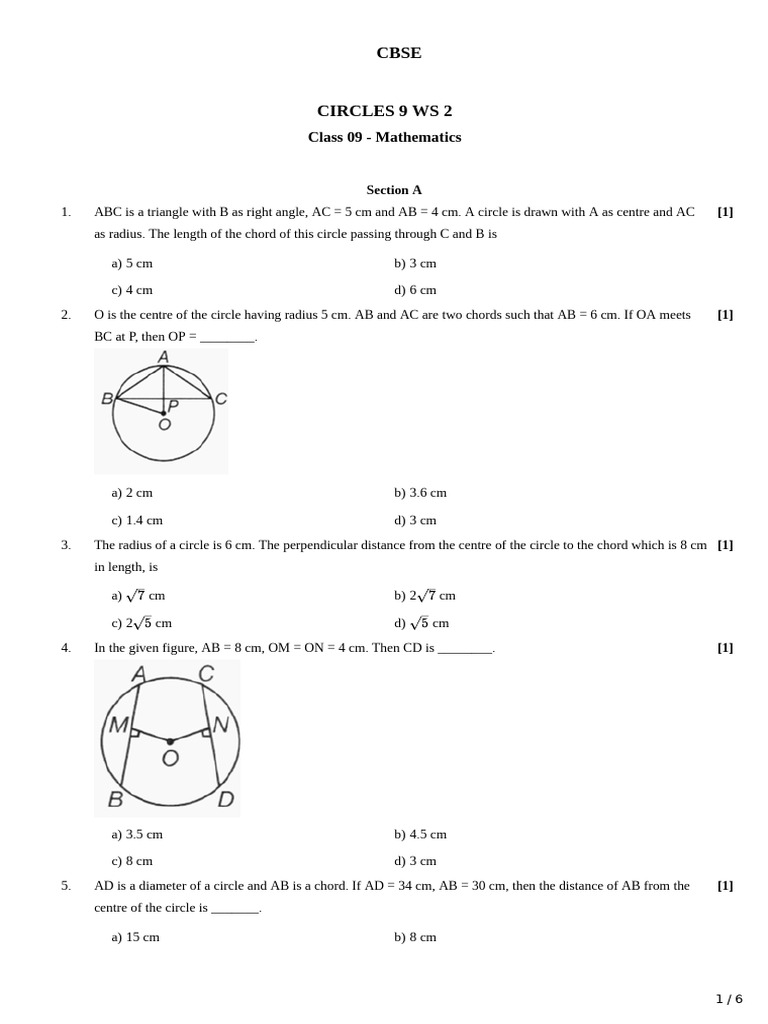 Circles WS 2 (Perpendicular From The Centre To A Chord) | PDF | Circle ...