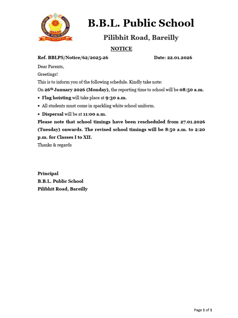 Notice - 62 - Republic Day & School Timings | PDF
