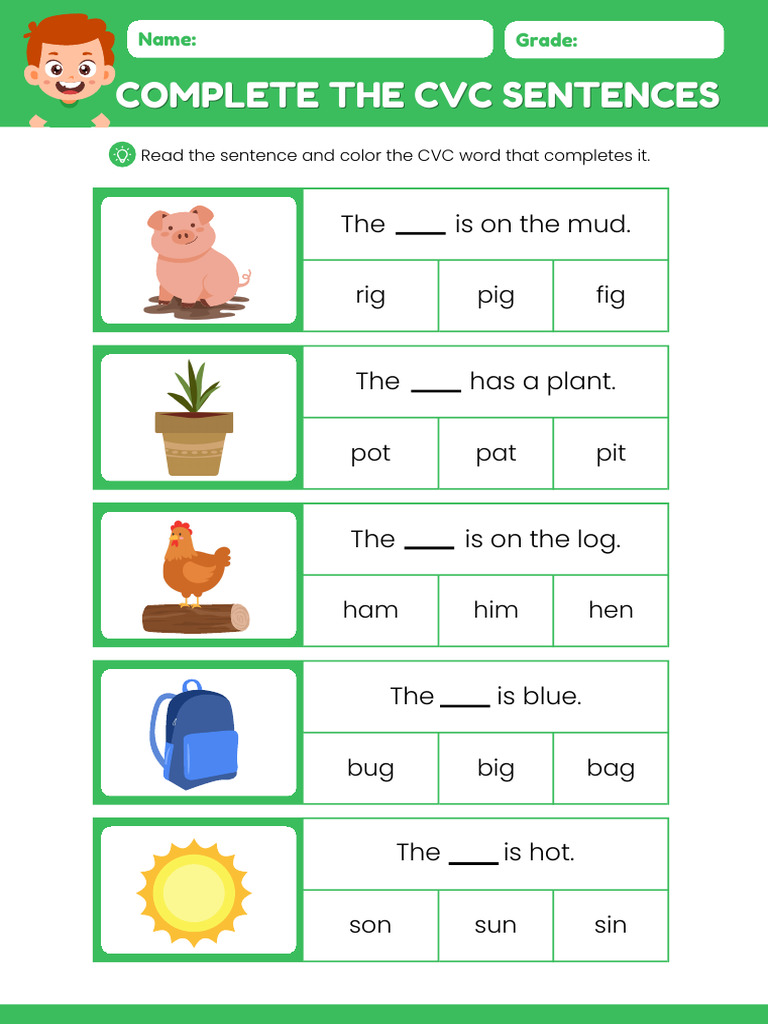 CVC Sentences Worksheet Activity in Green Semi Realistic Cartoon Style ...