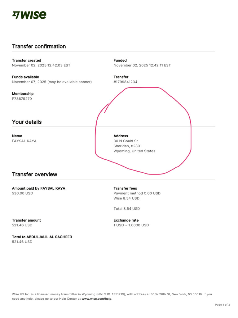 Wise Transfer Confirmation Transfer 1799841234 6680408335 en | PDF ...