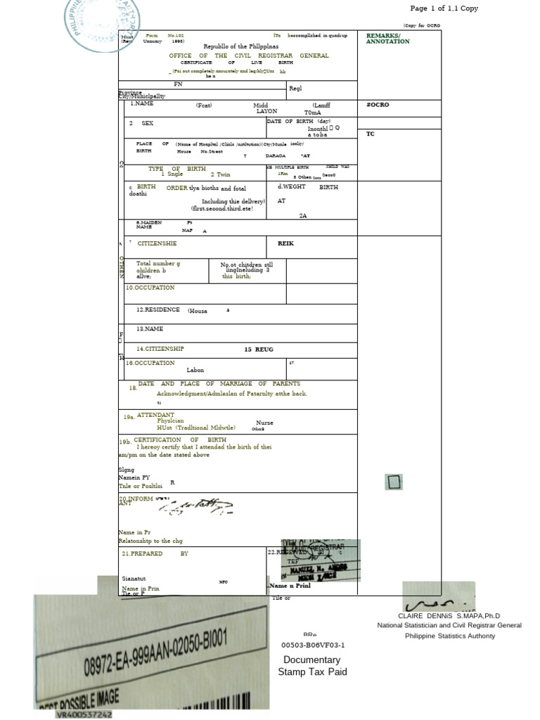 Documentary Stamp Tax Paid: of Birth | PDF