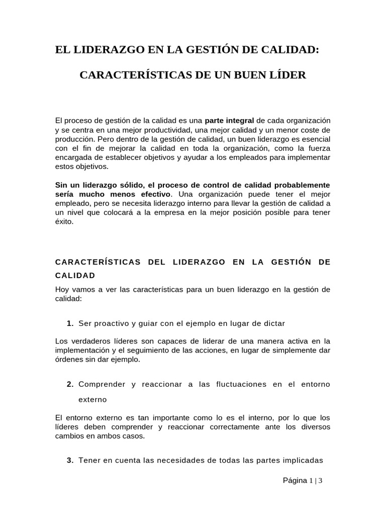 El Liderazgo en La Gestión de Calidad | PDF | Calidad (comercial ...