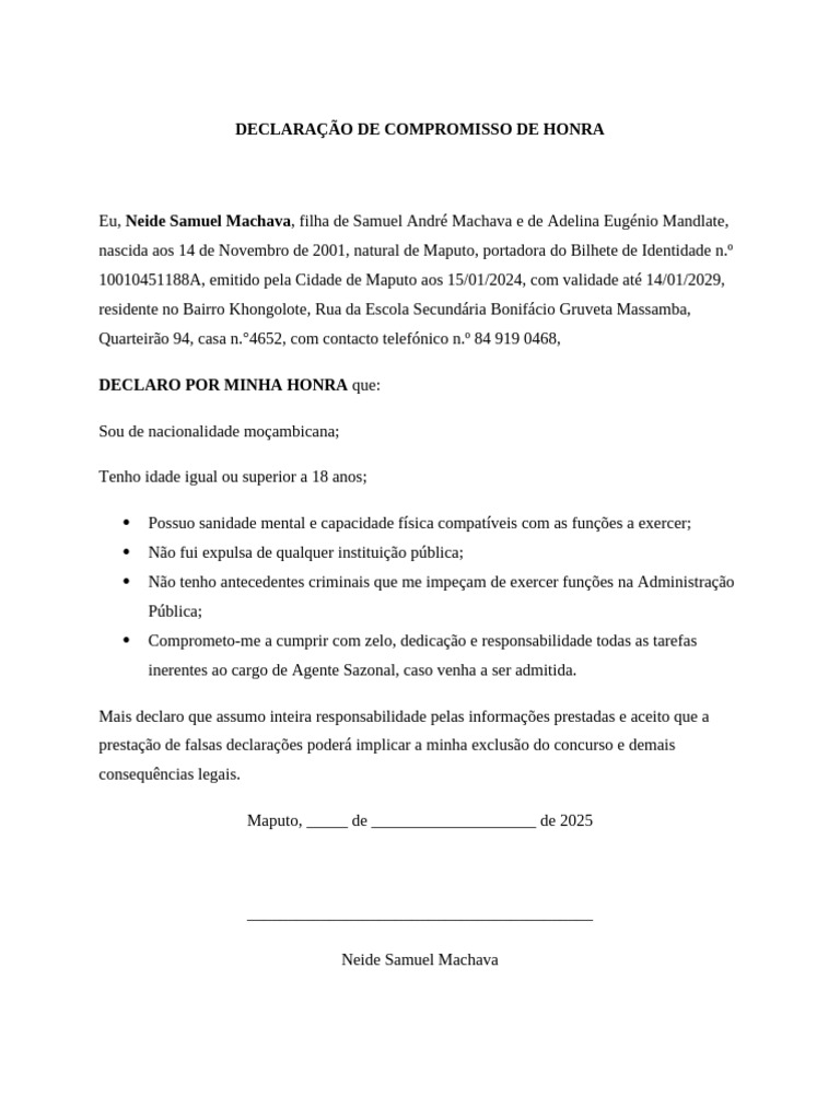 Declaração de Compromisso de Honra Neide | PDF