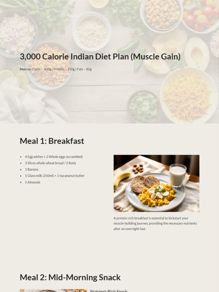 3000 Calorie Indian Diet Plan Muscle Gain | PDF | Peanuts | Lunch