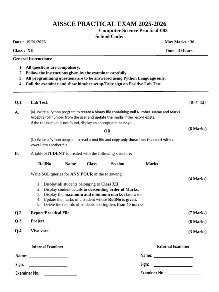 Computer Science Practical QP Class 12 190126 | PDF | Computer ...