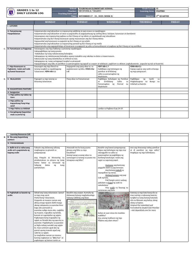 DLL Filipino 6 q3 w3 | PDF