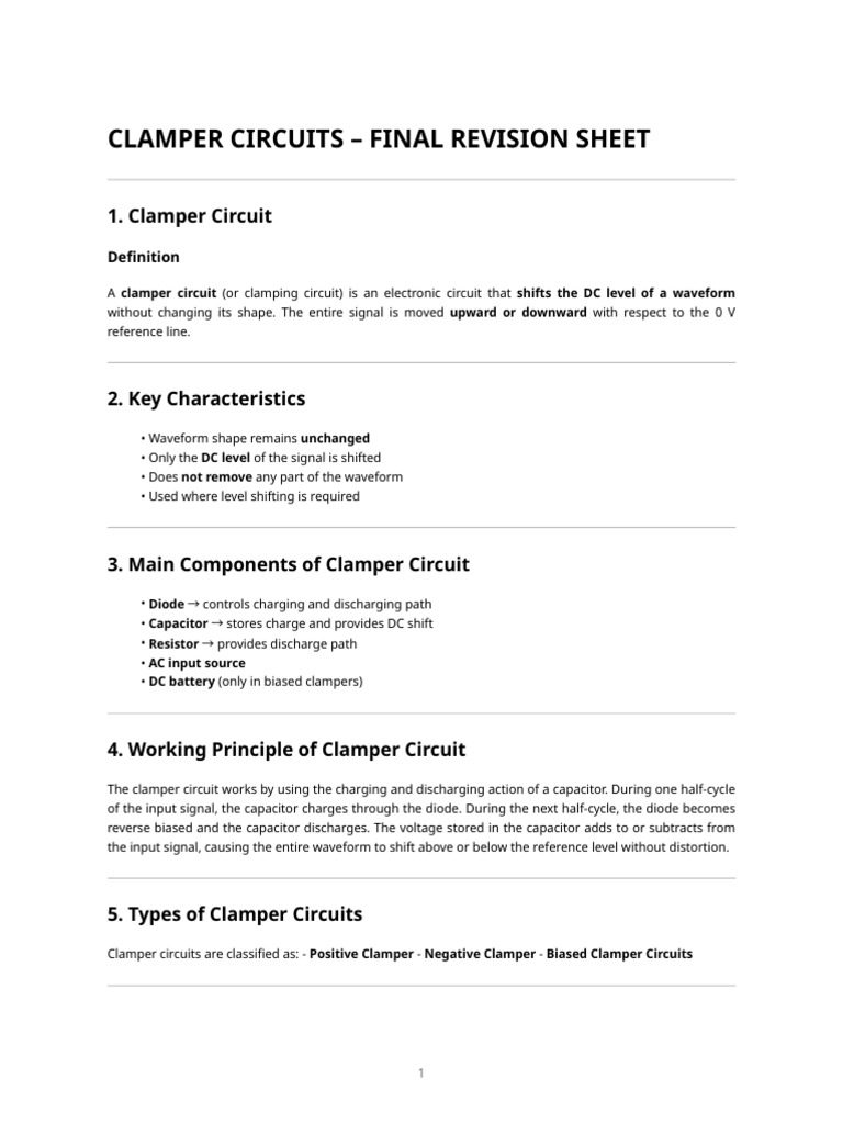 Clamper Circuits - One Page Final Revision Sheet | PDF | Electrical ...