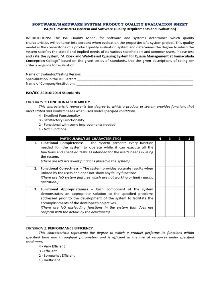 ISOIEC 25010 Evaluation Sheet For System Designs - Docx 2 | PDF ...