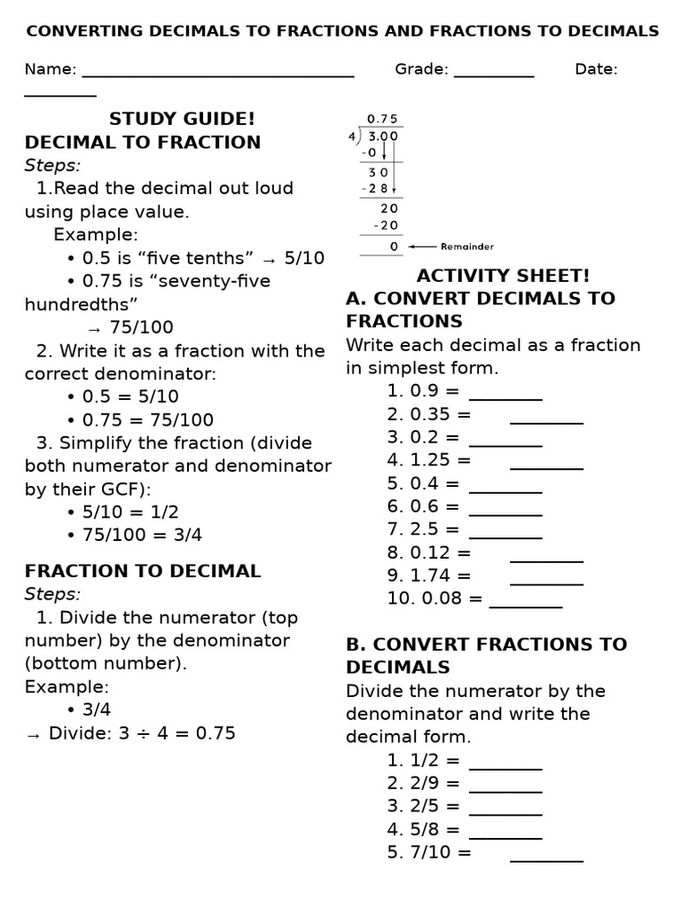 Myactivitysheet Converting Decimals To Fractions and Fractions To ...