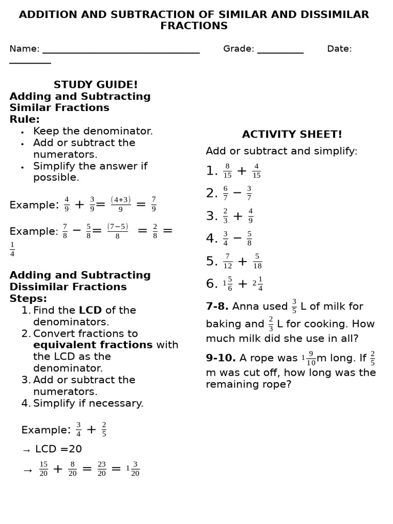 MyActivitySheet Addition and Subtraction of Similar and Dissimilar ...