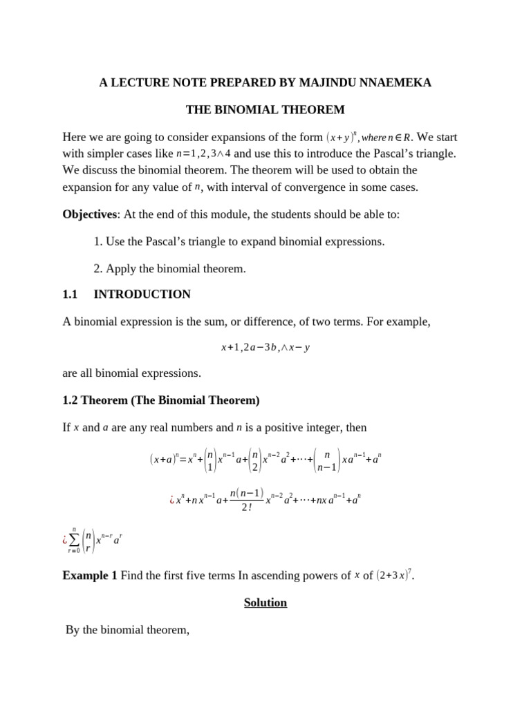 MTH 101 - The Binomial Theorem and Circular Measures | PDF | Numbers ...