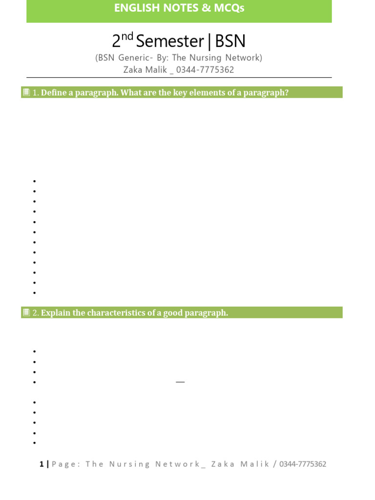 ENG Notes & MCQs 2nd Sem (The Nursing Network) | PDF | Verb | Speed Reading