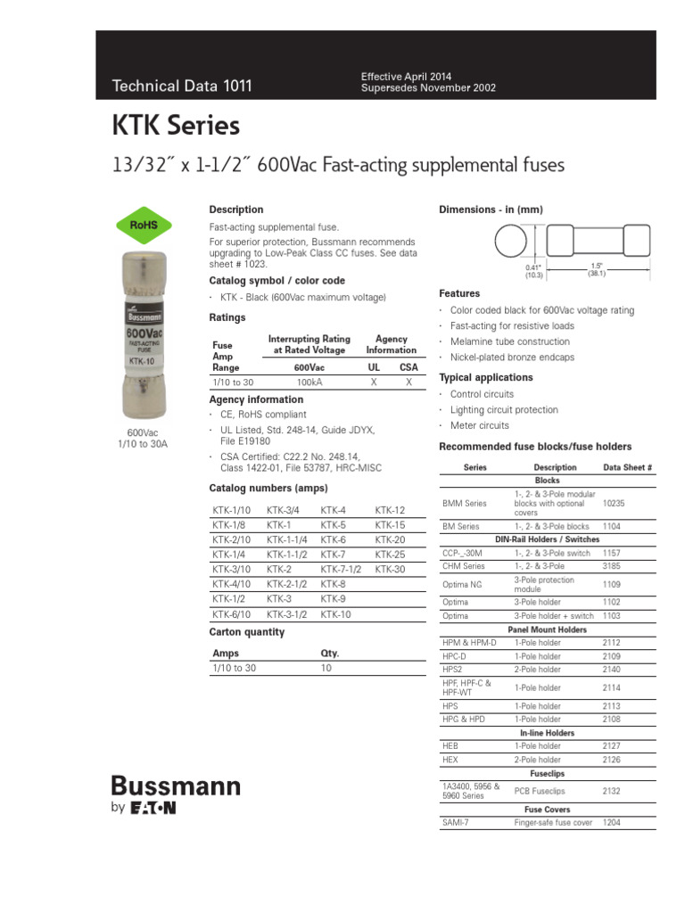Fuse bussmann ktk-10 | PDF | Fuse (Electrical) | Electrical Equipment