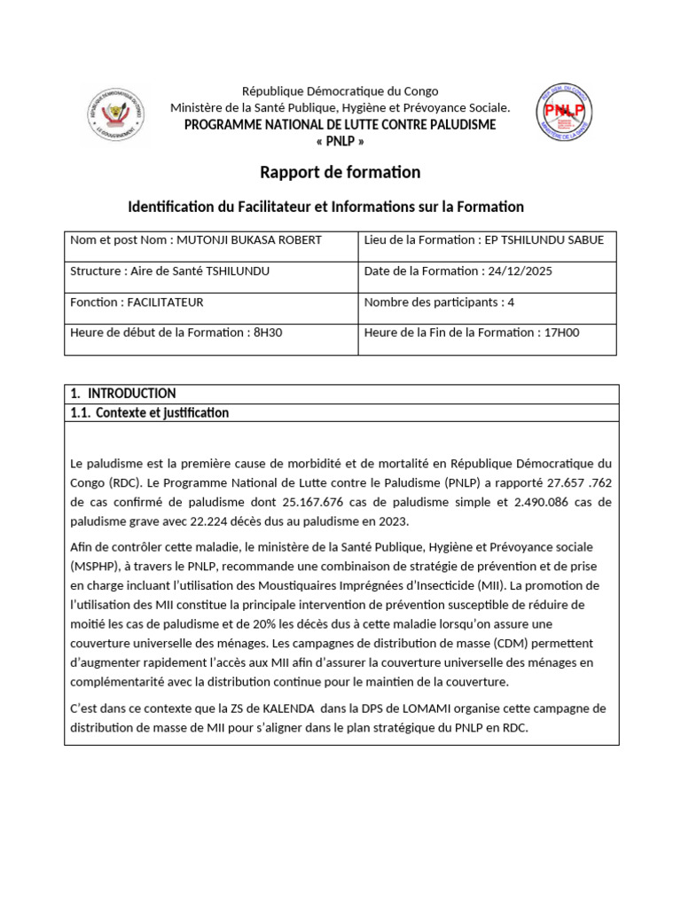 Modele de Rapport Narratif Briefing Moso | PDF | Paludisme | Moustiquaire
