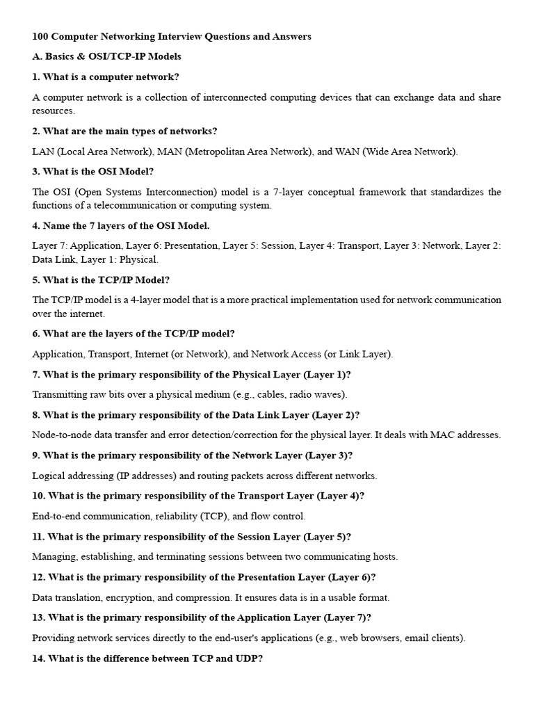 100 Computer Networking Interview Questions and Answers | PDF ...
