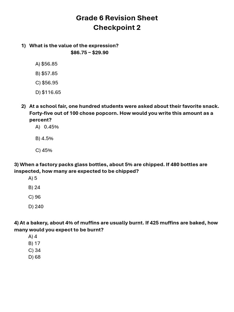 G6 - Term 1 - Revision Sheet (Checkpoint 2) 2 | PDF | Arithmetic ...
