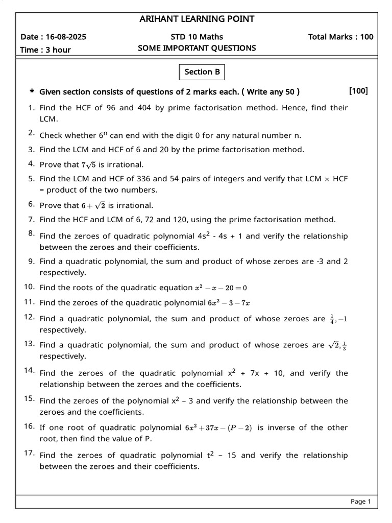 2 Marks Questions | PDF | Quadratic Equation | Factorization