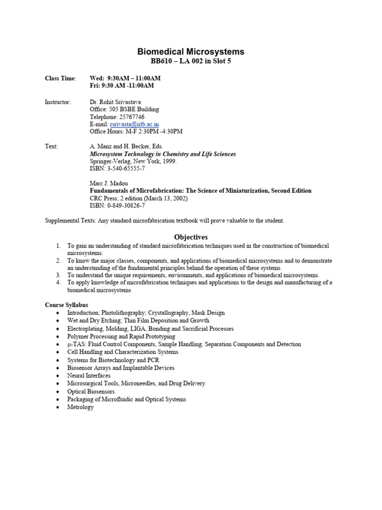 Biomedical Microsystems-Srivastava Spring 2026 | PDF | Physical ...