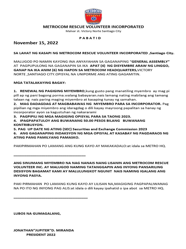 November 15, 2022: Metrocom Rescue Volunteer Incorporated | PDF
