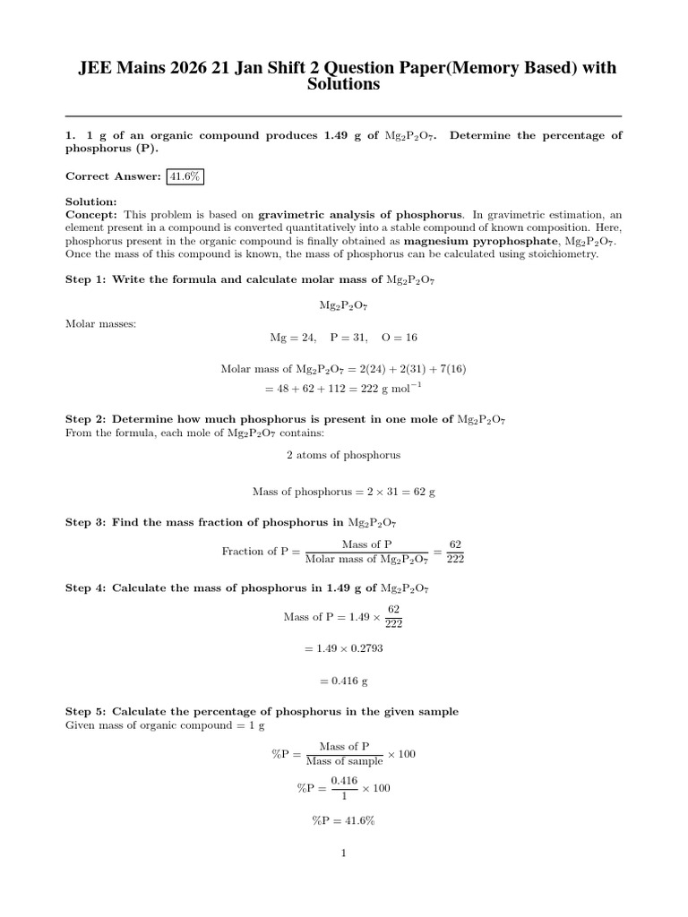 JEE Main 2026 21 Jan Shift 2 Question Paper With Solutions | PDF ...