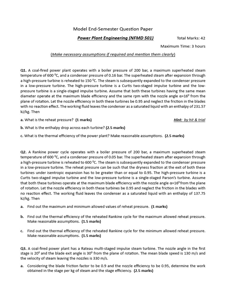 Model Question Paper For End Sem | PDF | Turbine | Steam