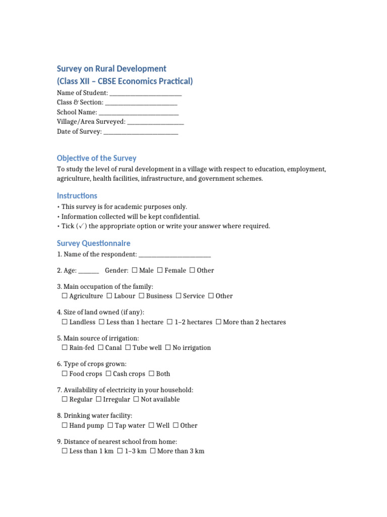 Rural Development Survey Class 12 CBSE | PDF