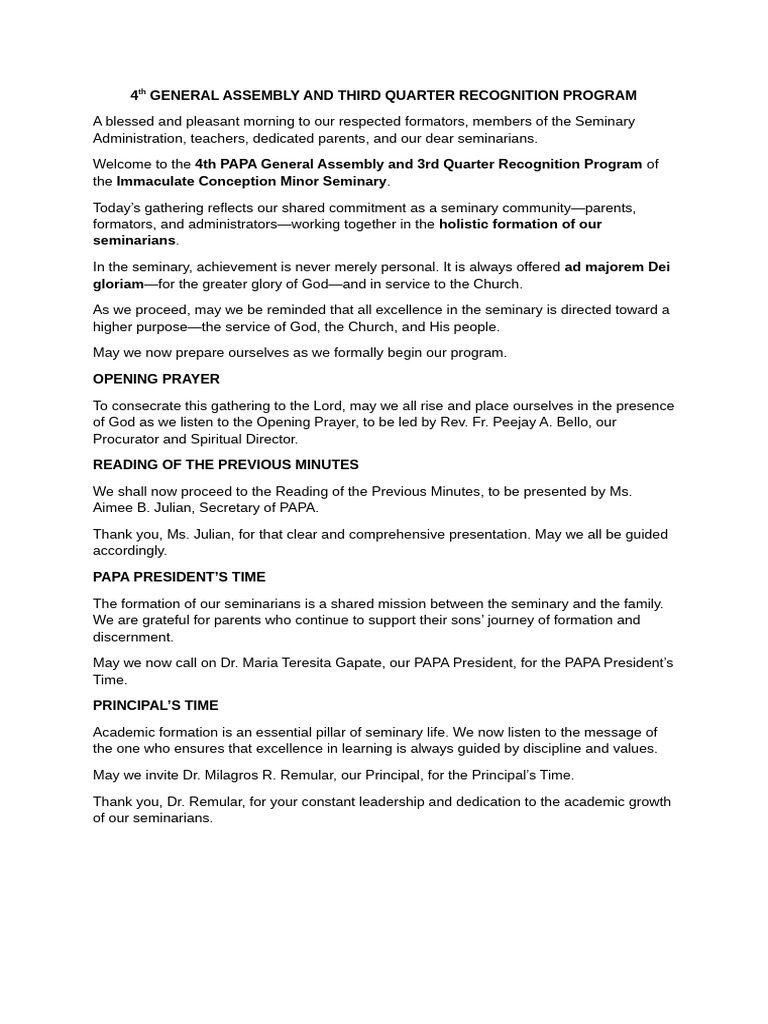 4th General Assembly Hosting Script | PDF | Seminary | Spirituality
