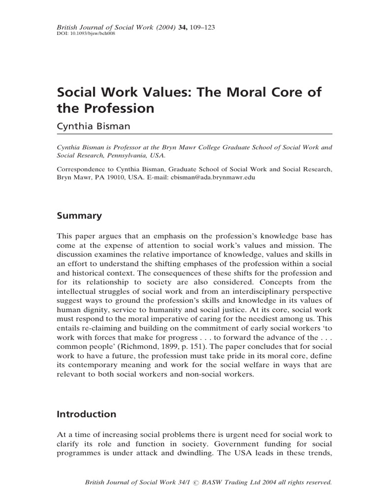 Moral Core of SW Bisman | PDF | Social Work | Value (Ethics)