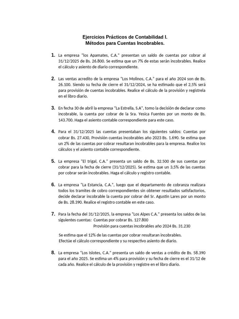 Ejercicios Prácticos de Contabilidad I PROVISIONES | PDF