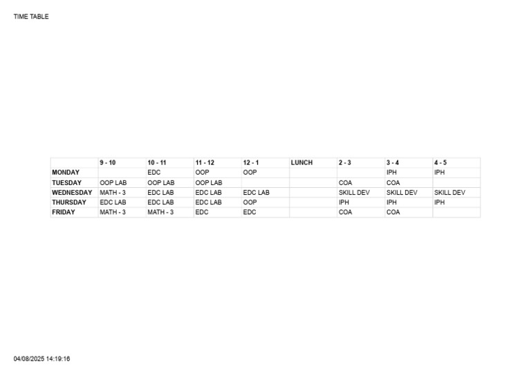 Time Table - Sheet1 | PDF
