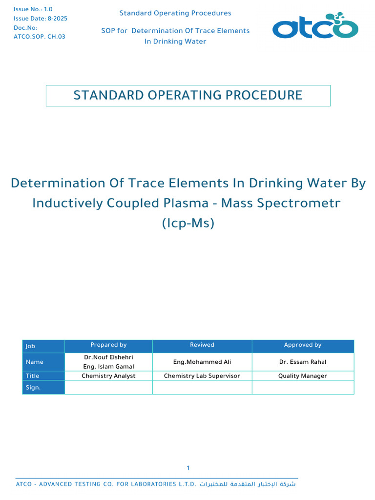 SOP For Determination of Trace Elements in Drinking Water | PDF ...