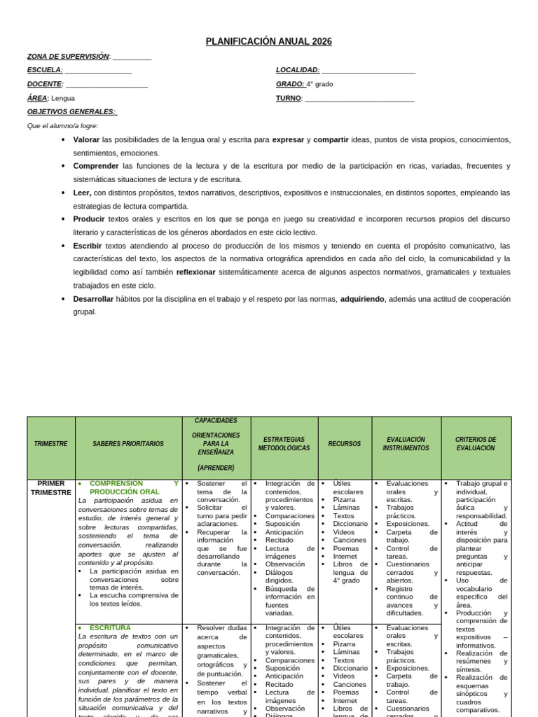 Planificación Anual 2026 - Lengua - Cuarto Grado | PDF | Diccionario ...
