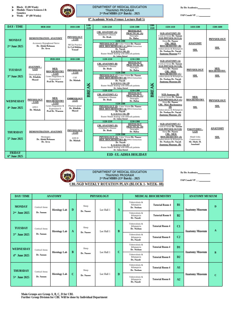 2nd Year MBBS Timetable 2nd To 6th June 2025 | PDF | Biology | Health ...