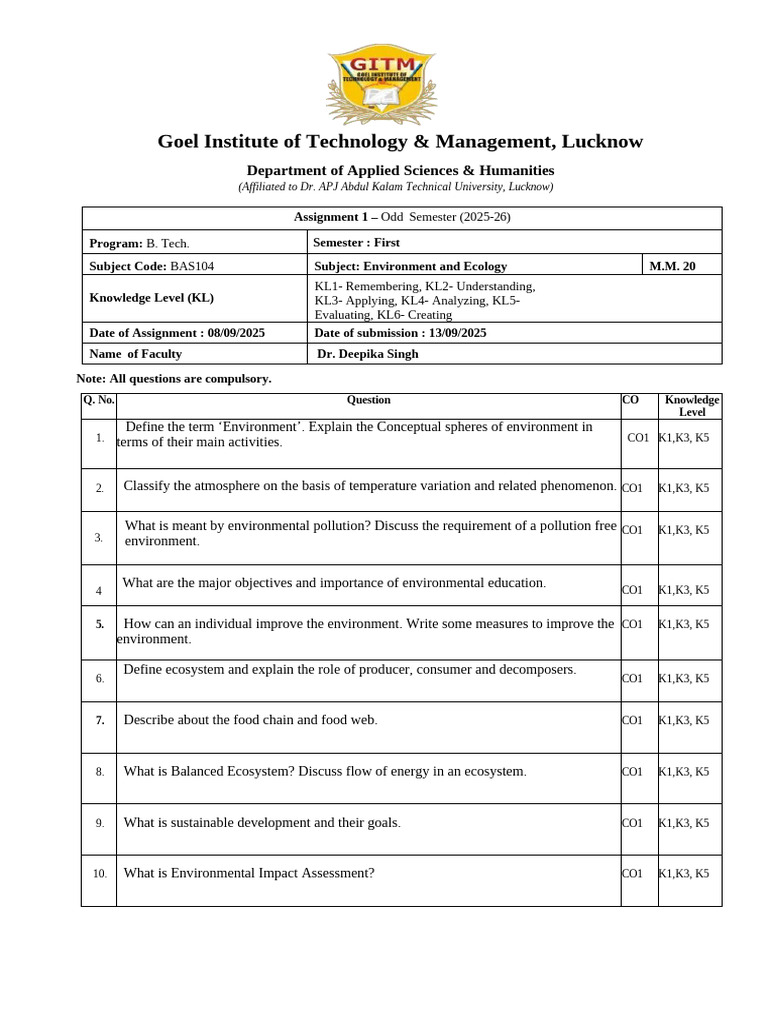 Goel Assignment - 1 (Bas104) | PDF | Natural Environment | Ecosystem