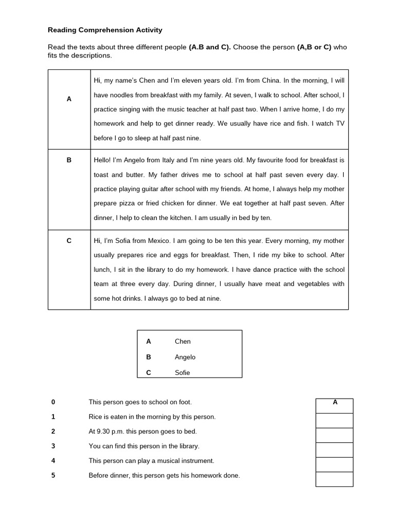 Reading Comprehension Activity Y4 | PDF | Lunch | Cuisine