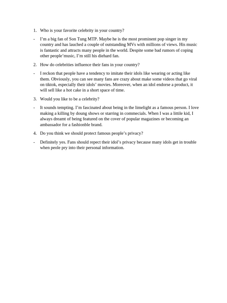 Who Is Your Favorite Celebrity in Your Country PDF