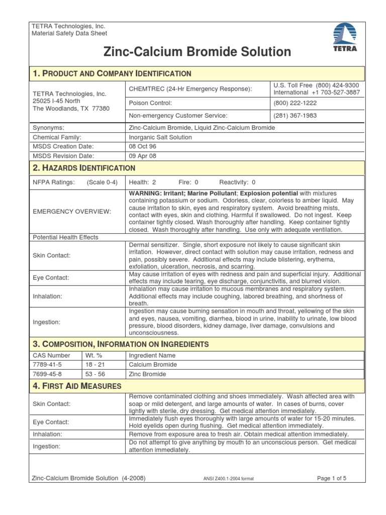 ZN BR CA BR CaCl Solution Safety Sheet PDF Personal Protective