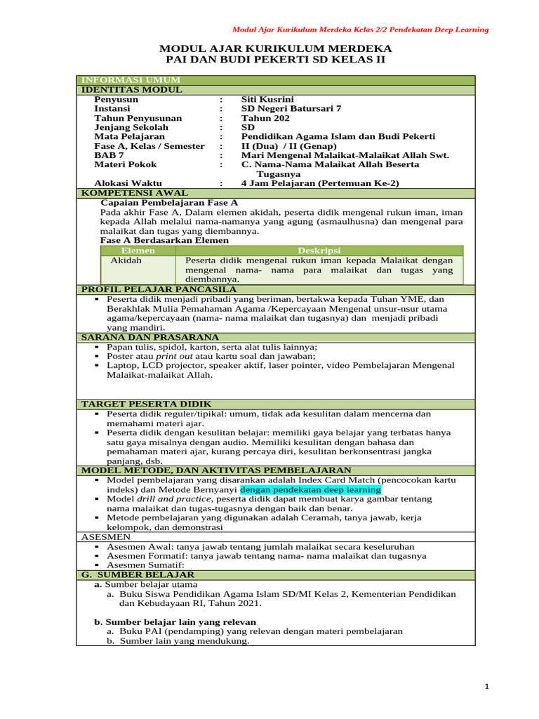 Contoh Modul PAIBP - Kls. 2 SMT 2 Pendekatan Deep Learning | PDF