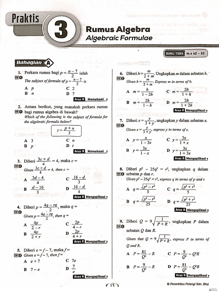 KELAS 3 (5 - 1 - 26) - Rumus Algebra | PDF