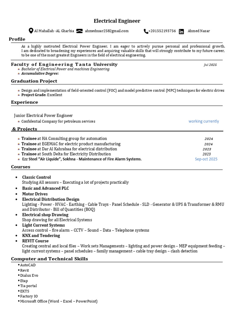 Ahmed Nasar Electrical Engineer CV | PDF | Computing | Engineering