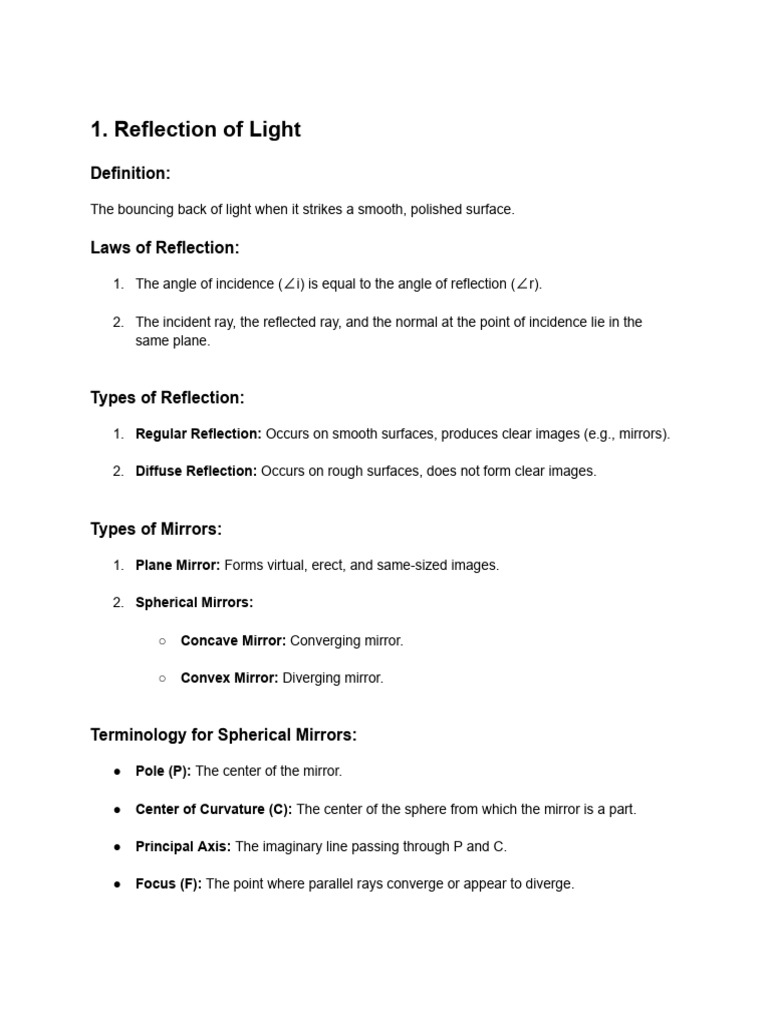 Class 10 Light: Reflection and Refraction Notes | PDF | Mirror | Sphere