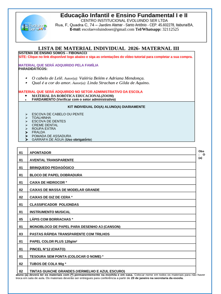 Lista Material Maternal III - 2026 | PDF | Técnicas artísticas
