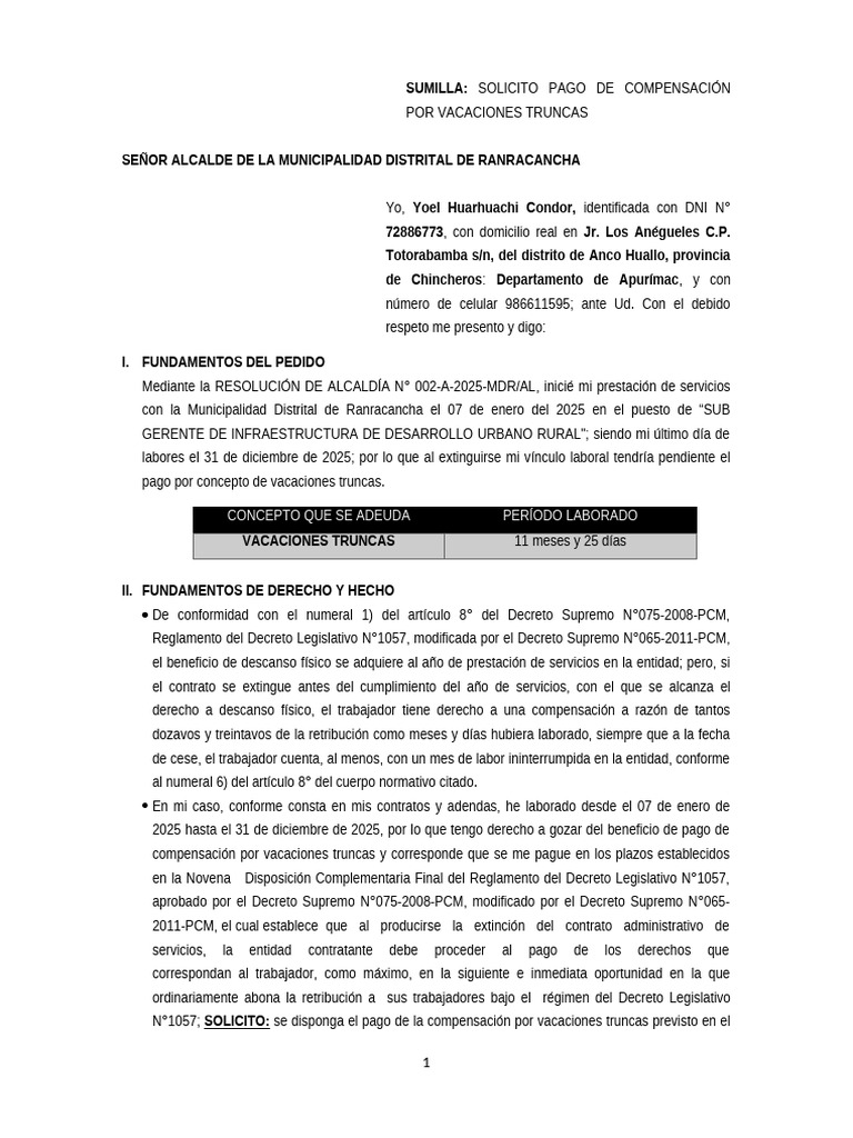 Solicitud Vacaciones Truncas Cas 2025 RANRA | PDF | Justicia | Crimen y ...