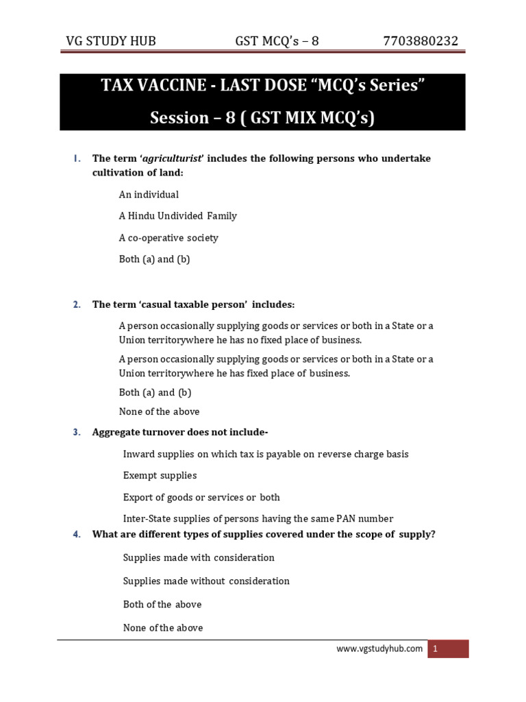 GST MCQS - 8 Without Answer Word | PDF | Value Added Tax | Taxes