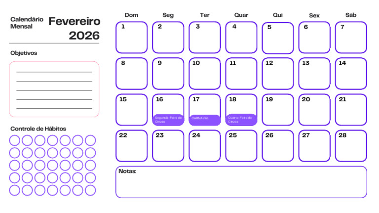 Calendário Do Mês de Fevereiro 2026 | PDF