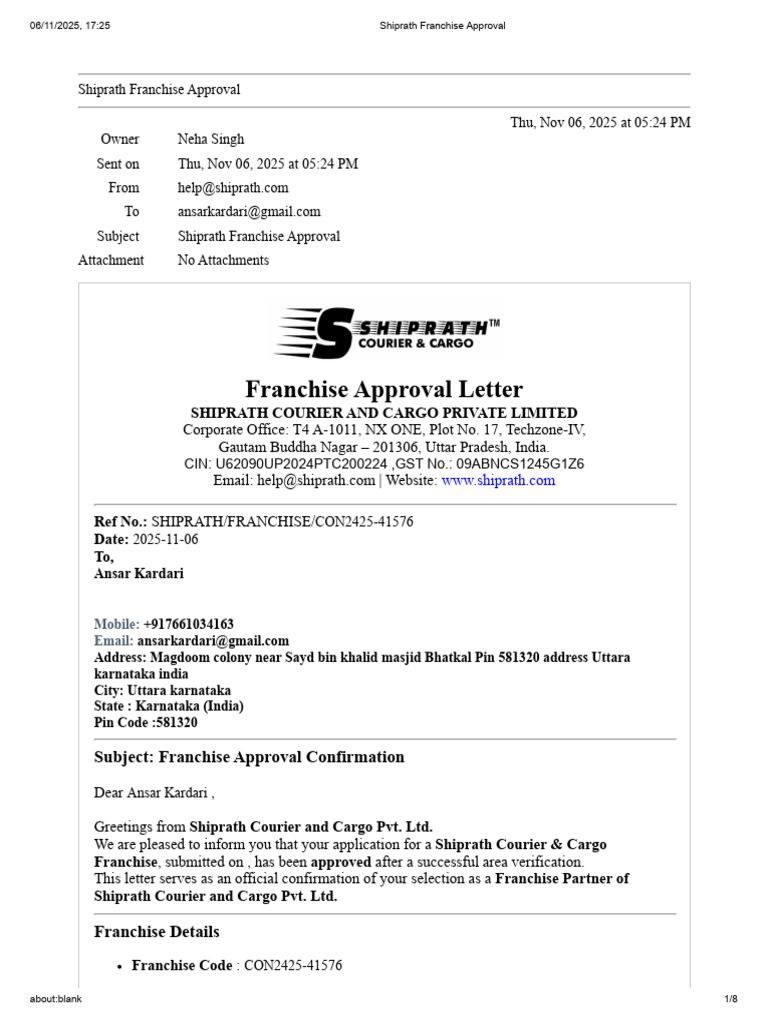 Shiprath Franchise Approval | PDF | Franchising | Courier