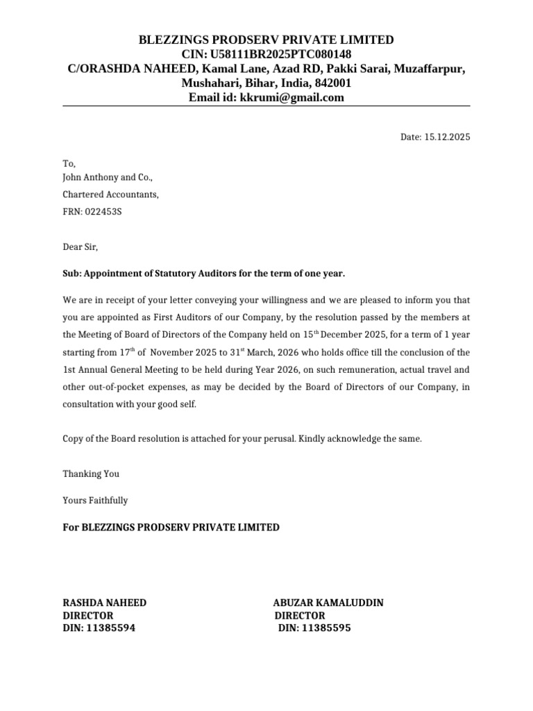 Auditor Appointment Letter | PDF