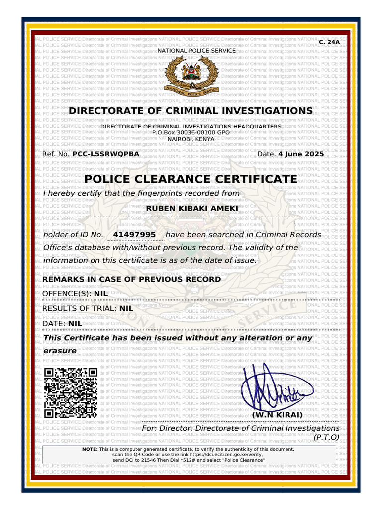 Police Clearance Certificate: Directorate of Criminal Investigations | PDF